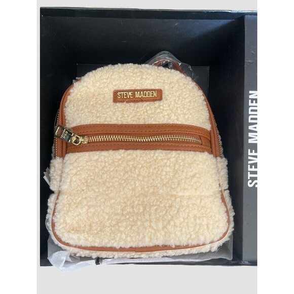 Steve madden Cream / Brown Sherpa Mini Backpack With Card Case Sets Gifting NIB
